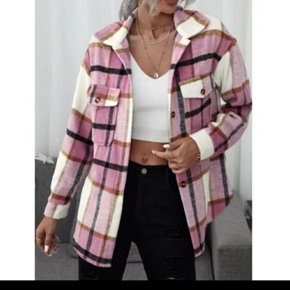Pink Multicolor Plaid Button Front Coat - Picture 1 of 6